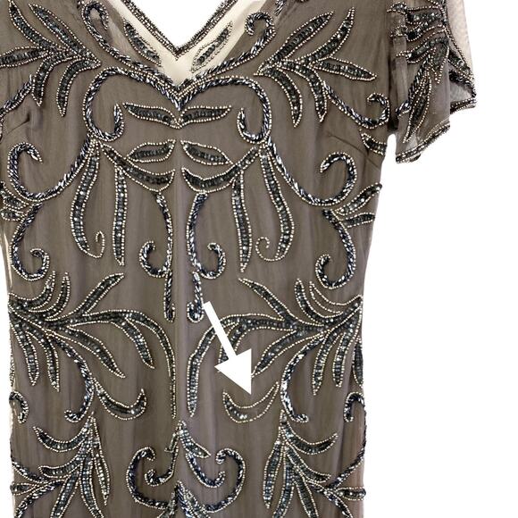 NWOT Pisarro Nights Illusion Beaded Mesh Maxi Gown Dress in Aluminum, Size 6 - Picture 7 of 16